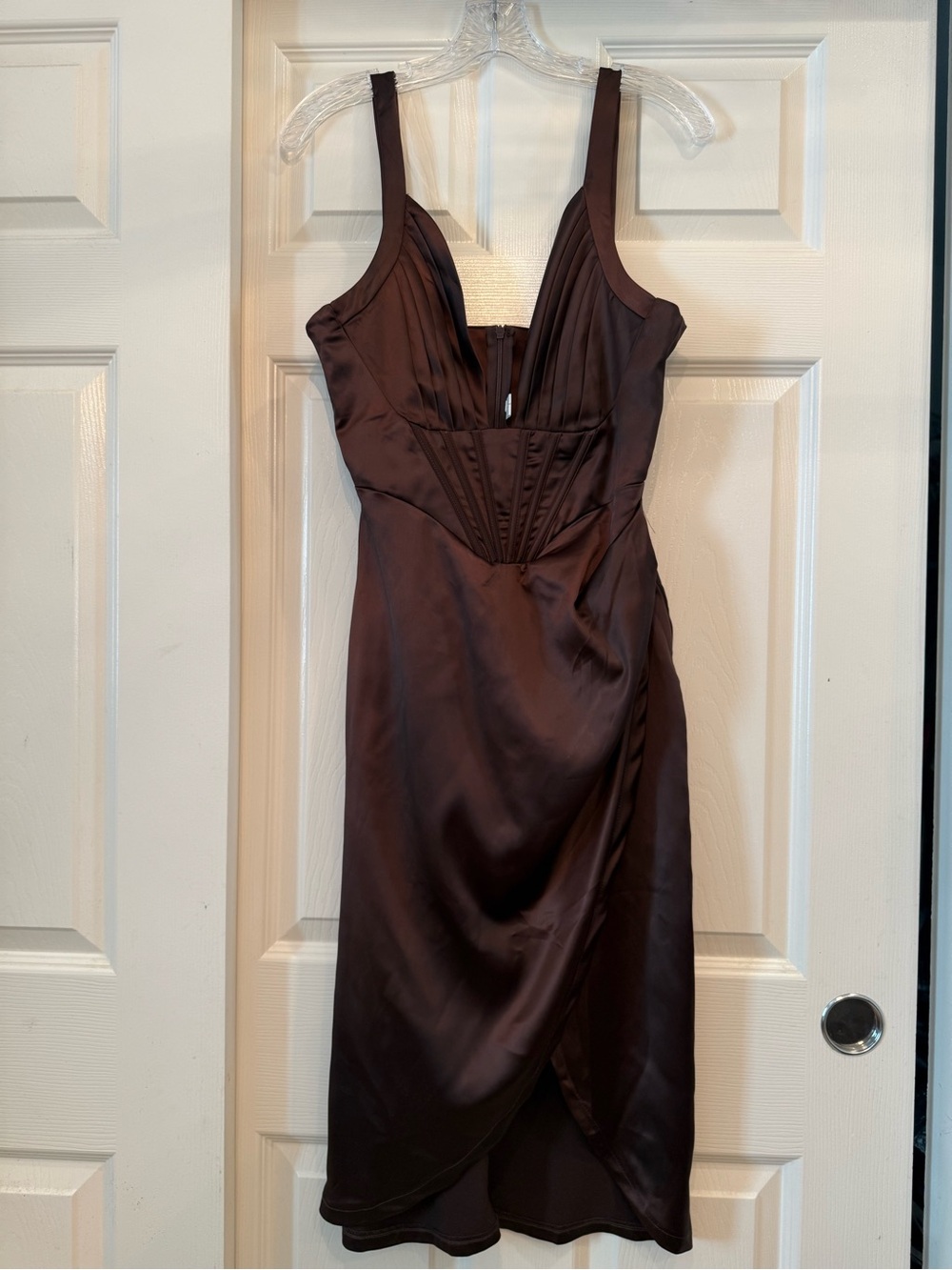 NWOT Satin Mauve-Brown Midi Dress with Structured Bodice